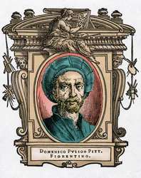 Porträt von Domenico Puligo, italienischer Maler. Gravur aus dem Werk Leben der ausgezeichnetsten Maler, Bildhauer und Architekten von Giorgio Vasari