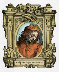 Porträt von Raffaellino del Garbo (Raffaellino de Carli) (1466-1525) italienischer Maler. Gravur aus dem Werk "Lebensläufe der ausgezeichnetsten Maler, Bildhauer und Architekten" (Le Vite de