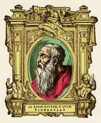 Porträt des Malers Giovanni Battista di Jacopo (Rosso Fiorentino) (1495-1540). Er war Mitglied der Ecole de Fontainebleau. Gravur aus dem Werk „Lives of the most excellent painters, sculptors and architects“ (Le Vite de