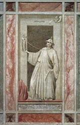 Untreue (auch Götzendienst genannt), männliche Figur, die sich von Gott abwendet und ein Idol hält, das ihn am Hals bindet, von Giotto, Detail aus dem Freskenzyklus Die Laster und Tugenden, nach der Restaurierung, Scrovegni-Kapelle, Padua, Venetien, Italie