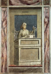 Klugheit, weibliche Figur am Schreibtisch, nach der Restaurierung