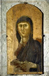 Madonna. Porträt der Jungfrau auf goldenem Hintergrund. Gemälde von Giotto di Bondone (1267? -1337), um 1290. Tempera auf Holz. Größe: 81,5 x 41 cm. Borgo San Lorenzo, Pieve.