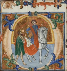 Eine illuminierte Miniatur von St. Martin, der seinen Mantel teilt (aus einem großen Chorbuch)