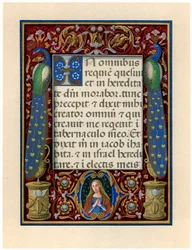 Textseite mit der Jungfrau und zwei Pfauen, ca. 1490