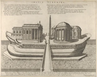 Ansicht der Tiberinsel als Schiff dargestellt, der Tempel des Äskulap links