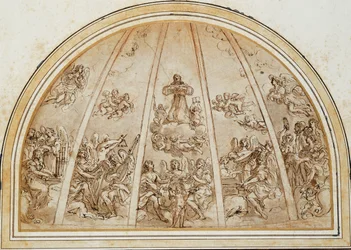 Die Apotheose des Heiligen Franziskus umgeben von musizierenden Engeln: Entwurf für eine Apsis oder Halbkuppel, durch Rippen geteilt
