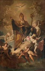 Südliches Querschiff, Altar von San Benedetto, Heiliger Benedikt in Gloria beim Segnen der Stadt, Altarbild von Giovanni Angelo Borroni, San Benedetto in Gloria beim Segnen der Stadt 1744