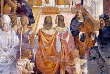 Benedikt exkommuniziert zwei Nonnen und absolviert sie nach ihrem Tod (Detail). Kreuzgangfresko von Antonio Bazzi, genannt Il Sodoma (1477 - 1549), das das Leben des Heiligen Benedikt von Nursia (480 - 567), Gründer des Benediktinerordens, erzählt. 1503 - 