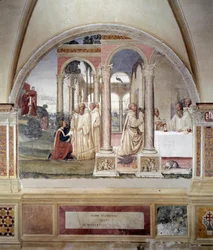 Wie Florent versucht, Benedikt zu vergiften (Fresko von Antonio Bazzi, genannt il Sodoma, 1503 - 1508, Abtei von Monte Oliveto)