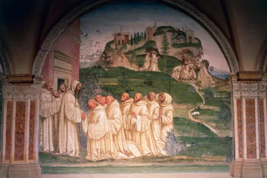 Der heilige Benedikt von Mönchen angefleht, Wasser vom Berggipfel hervorbringend, Szene aus Geschichten des heiligen Benedikt von Monte Oliveto Maggiore