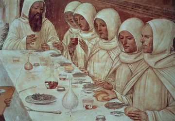 Der heilige Benedikt hat reichlich Mehl erhalten und die Mönche gespeist (Detail)