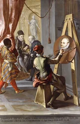 Fabio Albergati wird von Philipp II. von Spanien empfangen, während ein Künstler heimlich sein Porträt auf Anweisung des Königs anfertigt