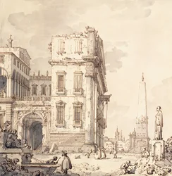 Ein Capriccio eines venezianischen Palastes mit Blick auf eine Piazza mit einem Obelisken