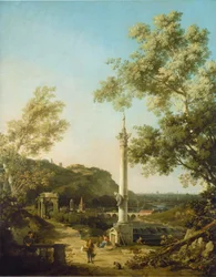 Englische Landschaftskapriccio mit einer Säule, ca. 1754