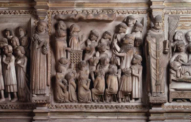 Das Wunder der Wolke, weiße Marmorskulptur, 1336-1339, von Giovanni di Balduccio