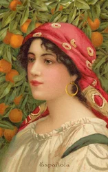 Porträt einer spanischen Frau mit einem Orangenbaum