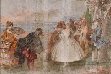 Gästeunterkünfte, das Zimmer der Karnevalsszenen: "Pantalone und Columbina", eine Szene mit Masken