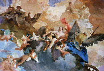 Entführung der Venus durch Kronos, Detail aus dem Lauf des Sonnenwagens, Fresko von Giambattista Tiepolo (1696-1770), Gobelingalerie, Palazzo Clerici, Mailand, Lombardei, Italien