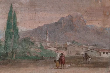 Palazzina: Ansicht des ersten Raums und seiner Fresken aus der Ilias: Amor mit Pfeilen fliegt über eine venezianische Landschaft (Detail)