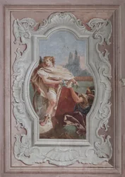 Palazzina (Kleines Gebäude): Ansicht des vierten Raums oder von Torquato Tasso, mit Fresken, die Episoden aus "Das befreite Jerusalem" darstellen: "Die Gefährten halten den Spiegel vor Rinaldo"