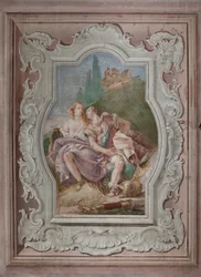 Palazzina (Kleines Gebäude): Ansicht des vierten Raums oder von Torquato Tasso, mit Fresken, die Episoden aus "Das befreite Jerusalem" darstellen: "Rinaldo und Armida im verzauberten Garten, heimlich beobachtet von Ubaldo und Carlo"