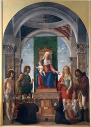 Madonna mit Kind auf dem Thron mit St. Sebastian, St. Johannes dem Täufer, St. Maria Magdalena, St. Rochus und Mitgliedern der Bruderschaft von San Giovanni Evangelista