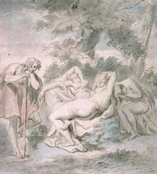 Cimon und Iphigenia: mit zwei weiblichen Begleitern in einer Landschaft