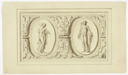 Zwei Medaillons mit stehenden Figuren von Omphale und Bacchus, getrennt durch ein Design aus Akanthusblättern