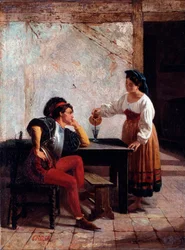 Junge Dienerin in einer Gaststätte und ein Soldat