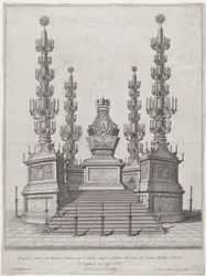 Katafalk für Papst Clemens X., zentrale Struktur auf einer fünfzehnstufigen Plattform, 1676