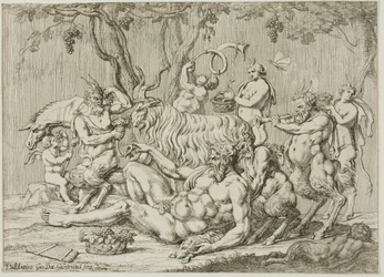 Silenus liegend mit Ziegen und Satyrn