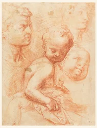 Studie von Männer-, Frauen- und Kinderköpfen, sitzendes Kind, ca. 1570