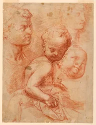 Studie von Männer-, Frauen- und Kinderköpfen, sitzendes Kind, ca. 1570