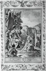 Armida vor Goffredo, Kupferstich von Giovanni Battista Piazzetta (1683-1754) für Gesang III von Jerusalem Befreit, von Torquato Tasso (1544-1595), veröffentlicht von Giovanni Battista Albrizzi, Venedig, Italien