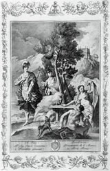 Carlo und Ubaldo auf den Glücklichen Inseln, Kupferstich von Giovanni Battista Piazzetta (1683-1754) für Gesang XV von Jerusalem Befreit, von Torquato Tasso (1544-1595), Giovanni Battista Albrizzi Ausgabe, Venedig, Italien