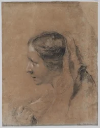 Kopf einer Frau im Profil mit einem Schal