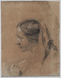 Kopf einer Frau im Profil mit einem Schal