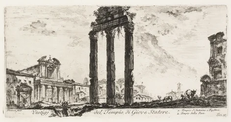 Ruinen des Tempels des Jupiter Stator [Jupiter der Unterstützer]. 1. Tempel des Antoninus und Faustina. 2. Tempel des Friedens, Tafel 10 aus Einige Ansichten von Triumphbögen und anderen Denkmälern