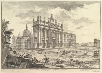 San Giovanni in Laterano, Hauptfassade, mit dem Palast und der Scala Santa rechts, aus „Vedute di Roma“