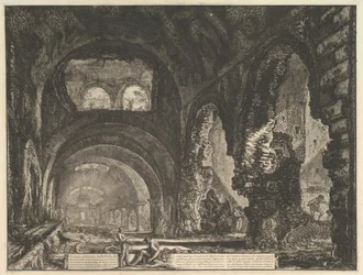 Die sogenannte Villa des Maecenas in Tivoli. Innenansicht mit zwei Figuren in der Öffnung von..., ca. 1764
