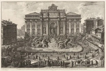 Perspektivische Ansicht des großen Brunnens der Acqua Vergine, Trevi-Brunnen genannt, Architektur von Nicola Salvi, aus Vedute di Roma