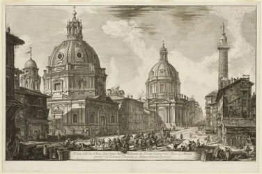 Ansicht von zwei Kirchen, eine genannt 1. S. Maria di Loreto, die andere 2. Der Name Mariens, in der Nähe von 3. Trajanssäule. 4. Der Aufstieg zum Quirinal, aus Ansichten von Rom