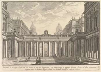 Ansicht eines Hofes mit einer Loggia, Brunnen, Statuen und anderen Ornamenten, ca. 1750