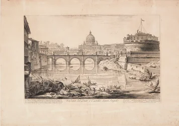 Ansicht der Brücke und der Engelsburg (des Hadriansmausoleums), im Vordergrund Boote auf dem Tiber und im Hintergrund die Kuppel des Petersdoms