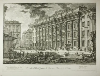 Ansicht des Zollhauses auf der Piazza di Pietra, das innerhalb der Ruinen des Tempels von Marcus Aurelius Antoninus Pius in seinem Forum erbaut wurde, aus Ansichten von Rom