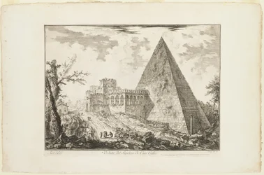 Ansicht des pyramidenförmigen Grabmals von Cestius, aus Ansichten von Rom