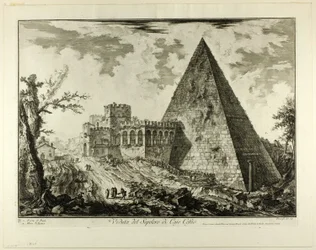 Blick auf das pyramidenförmige Grab von Cestius, aus Ansichten von Rom
