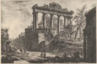 Ansicht des sogenannten Concordiatempels mit dem Saturntempel, rechts der Septimius-Severus-Bogen