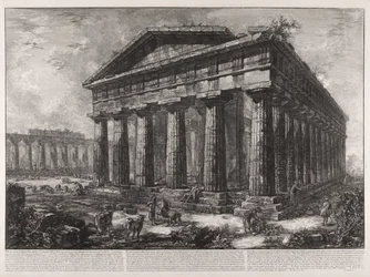 Ansicht des Tempels des Neptun, des Schutzgottes der antiken Stadt Pesto, obwohl dort keinerlei Merkmal zu erkennen ist, das darauf hindeuten könnte, ob dieser Tempel dieser Gottheit oder einer anderen gehörte...