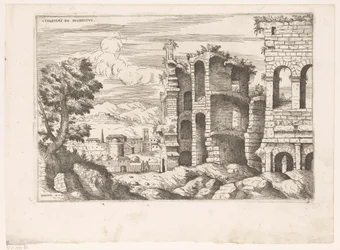 Ansicht des Kolosseums und Umgebung in Rom (Colossaei ro prospectus, Praecipua aliquot Romanae Antiquitatis Ruinarum Monimenta)